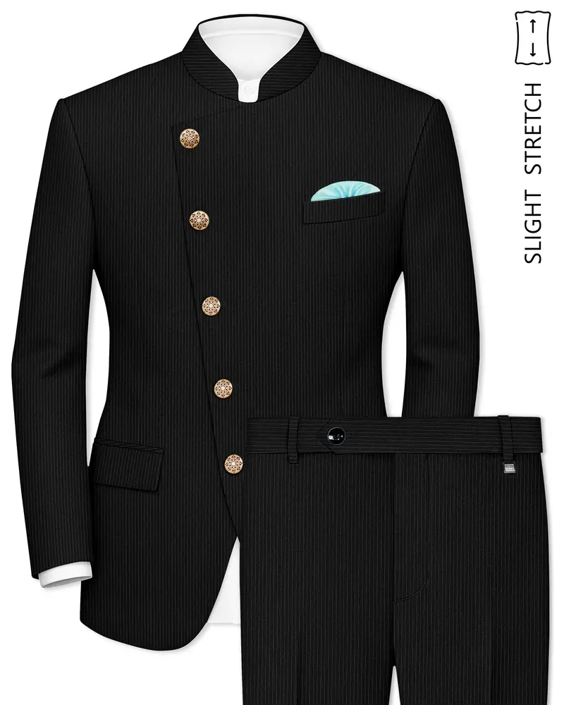 Aurejax-Jade Black Pencil Striped Wool Rich Slight Stretch Cross Placket Bandhgala Suit 1