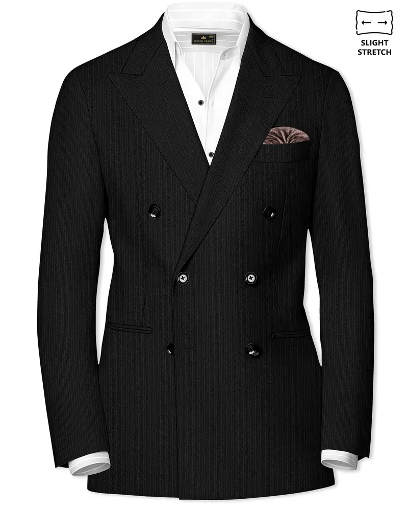Aurejax-Jade Black Pencil Striped Wool Rich Slight Stretch Double Breasted Blazer 1