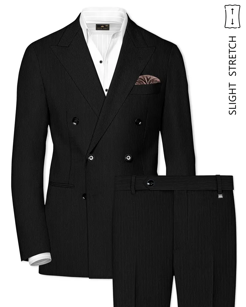 Aurejax-Jade Black Pencil Striped Wool Rich Slight Stretch Double Breasted Suit 1