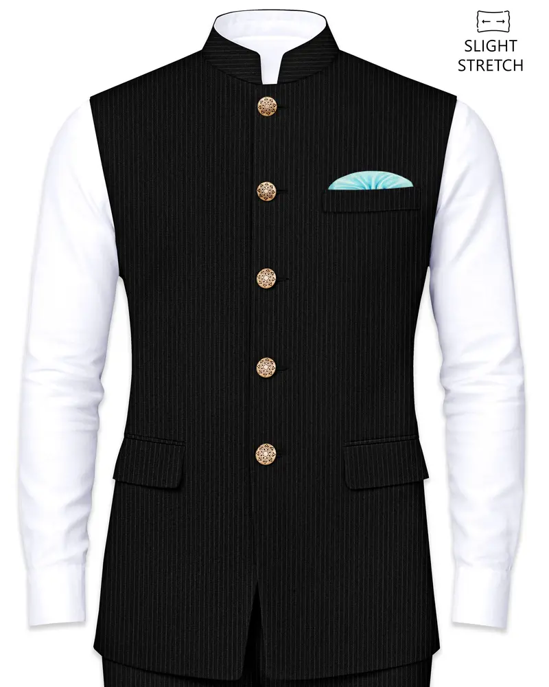 Aurejax-Jade Black Pencil Striped Wool Rich Slight Stretch Nehru Jacket 1