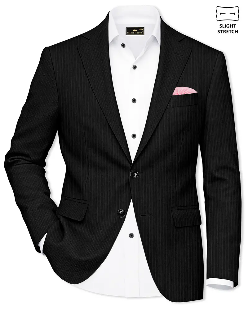 Aurejax-Jade Black Pencil Striped Wool Rich Slight Stretch Single Breasted Blazer 1