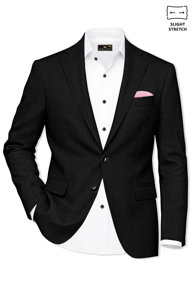 Aurejax-Jade Black Pencil Striped Wool Rich Slight Stretch Single Breasted Blazer 2