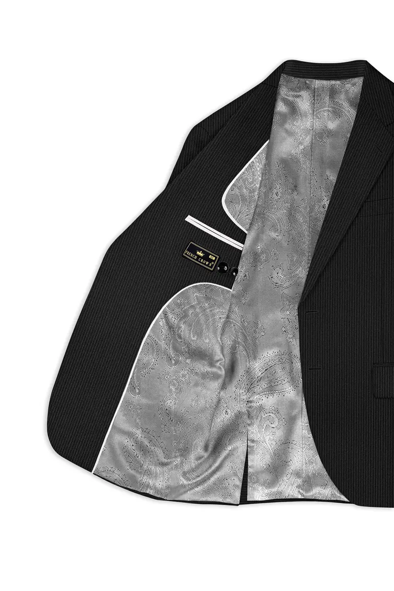 Aurejax-Jade Black Pencil Striped Wool Rich Slight Stretch Single Breasted Blazer 5