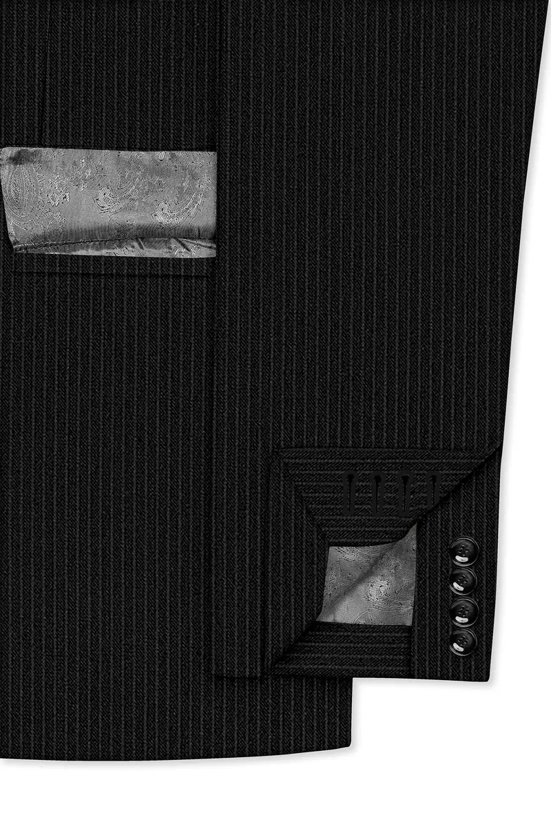 Aurejax-Jade Black Pencil Striped Wool Rich Slight Stretch Single Breasted Blazer 6