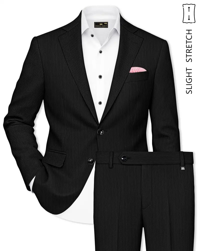 Aurejax-Jade Black Pencil Striped Wool Rich Slight Stretch Single Breasted Suit 1