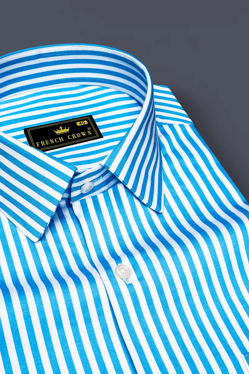 Aureline-Cerulean Blue And Bright White Candy Striped Subtle Sheen Super Soft Premium Cotton Dress Shirt 2