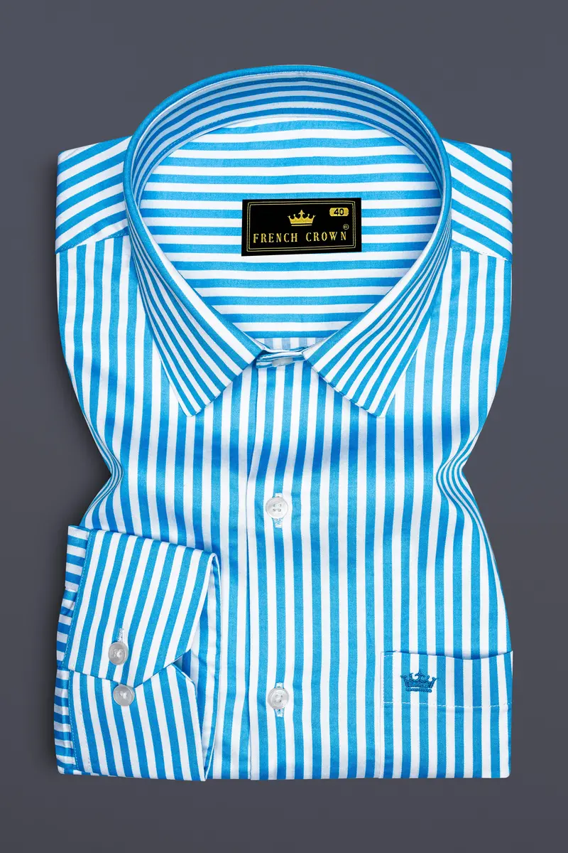 Aureline-Cerulean Blue And Bright White Candy Striped Subtle Sheen Super Soft Premium Cotton Dress Shirt 4