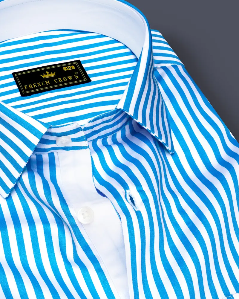 Aureline-Cerulean Blue And Bright White Candy Striped Super Soft Premium Cotton Dress Shirt 1