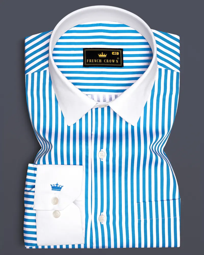 Aureline-Cerulean Blue And Bright White Candy Striped Super Soft Premium Cotton Dress White Cuff Collar Shirt 1