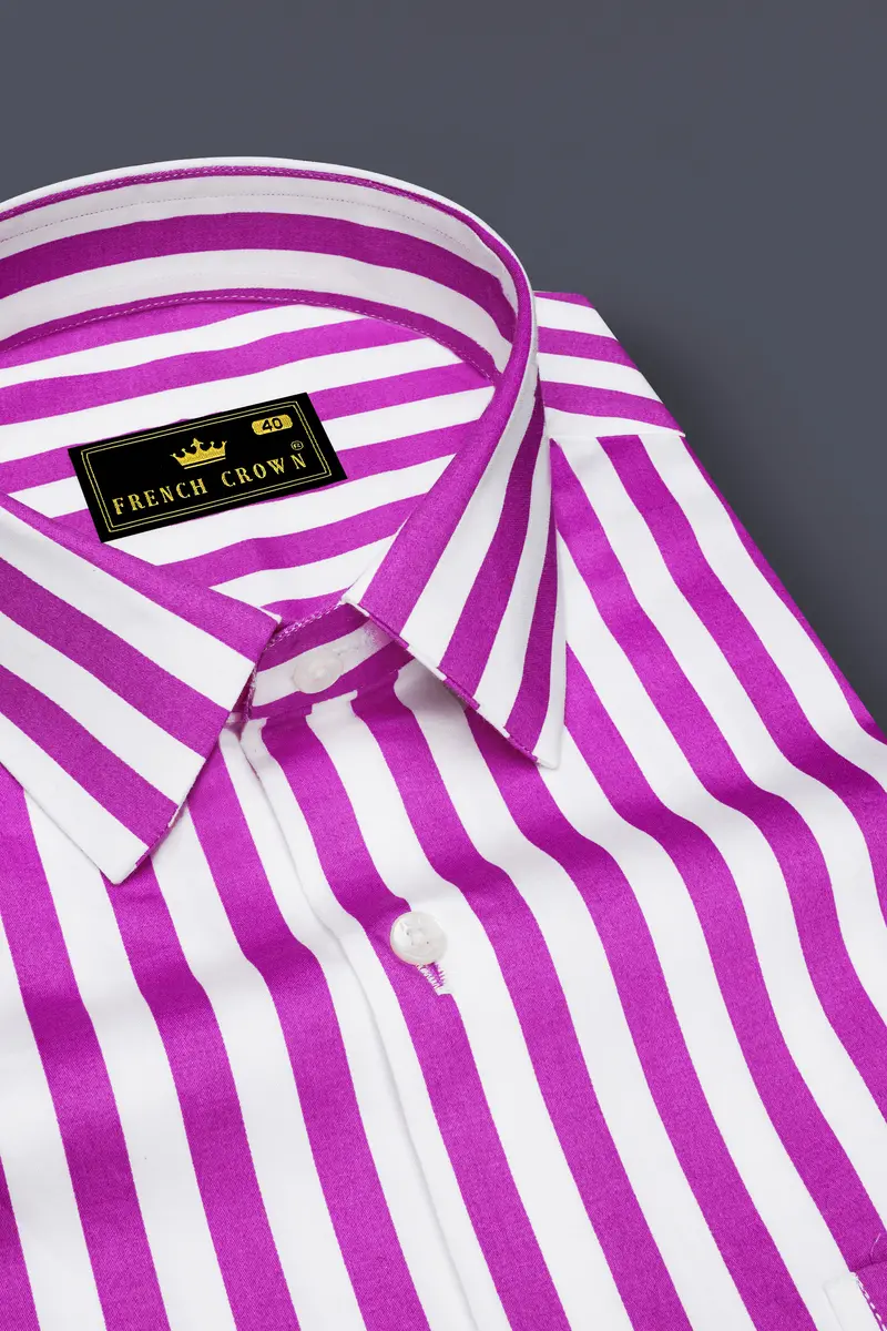 Aureline-Orchid Purple And Bright White Awning Striped Subtle Sheen Super Soft Premium Cotton Dress Shirt 2