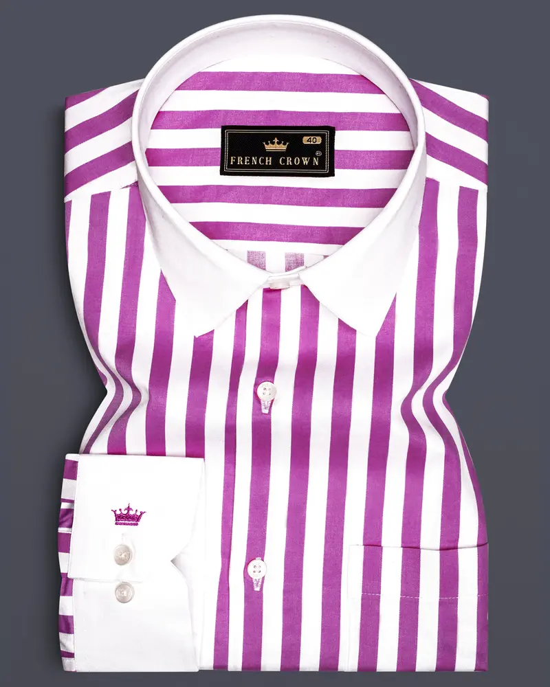 Aureline-Orchid Purple And Bright White Awning Striped Super Soft Premium Cotton Dress White Cuff Collar Shirt 1