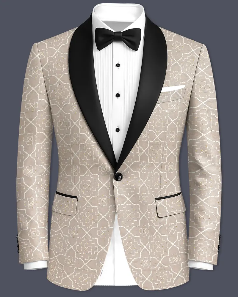 Aurellis-Chalice Brown Trellis Pattern Thread And Sequin Embroidered Viscose Designer Tuxedo Blazer 1