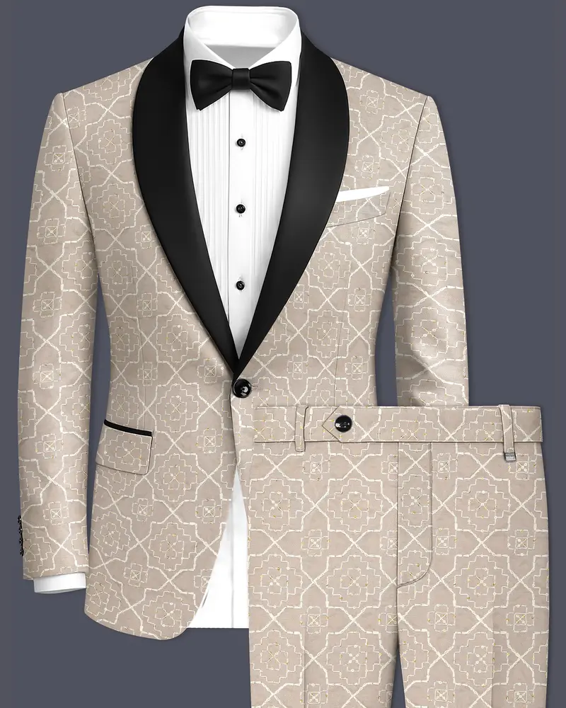 Aurellis-Chalice Brown Trellis Pattern Thread And Sequin Embroidered Viscose Designer Tuxedo Suit 1