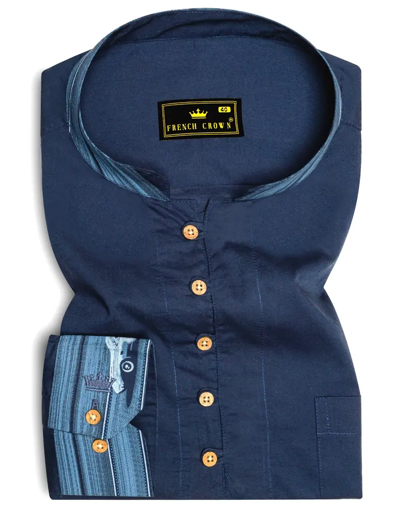 Aurenav-Navy Blue Subtle Sheen Super Soft Premium Cotton Casual Kurta Shirt 1