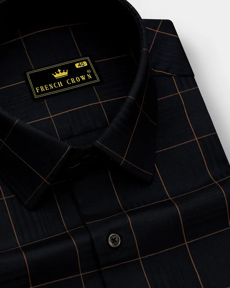 Aurenzo-Jade Black And Earth Orange Windowpane Jacquard Textured Premium Cotton Dress Shirt 1