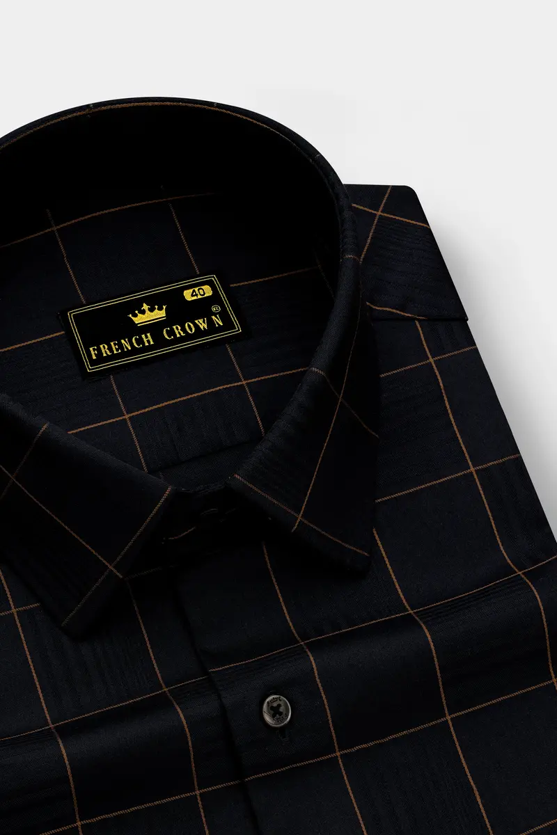 Aurenzo-Jade Black And Earth Orange Windowpane Jacquard Textured Premium Cotton Dress Shirt 2