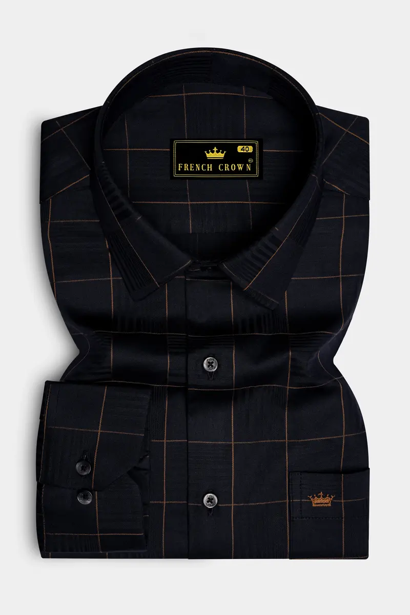 Aurenzo-Jade Black And Earth Orange Windowpane Jacquard Textured Premium Cotton Dress Shirt 4