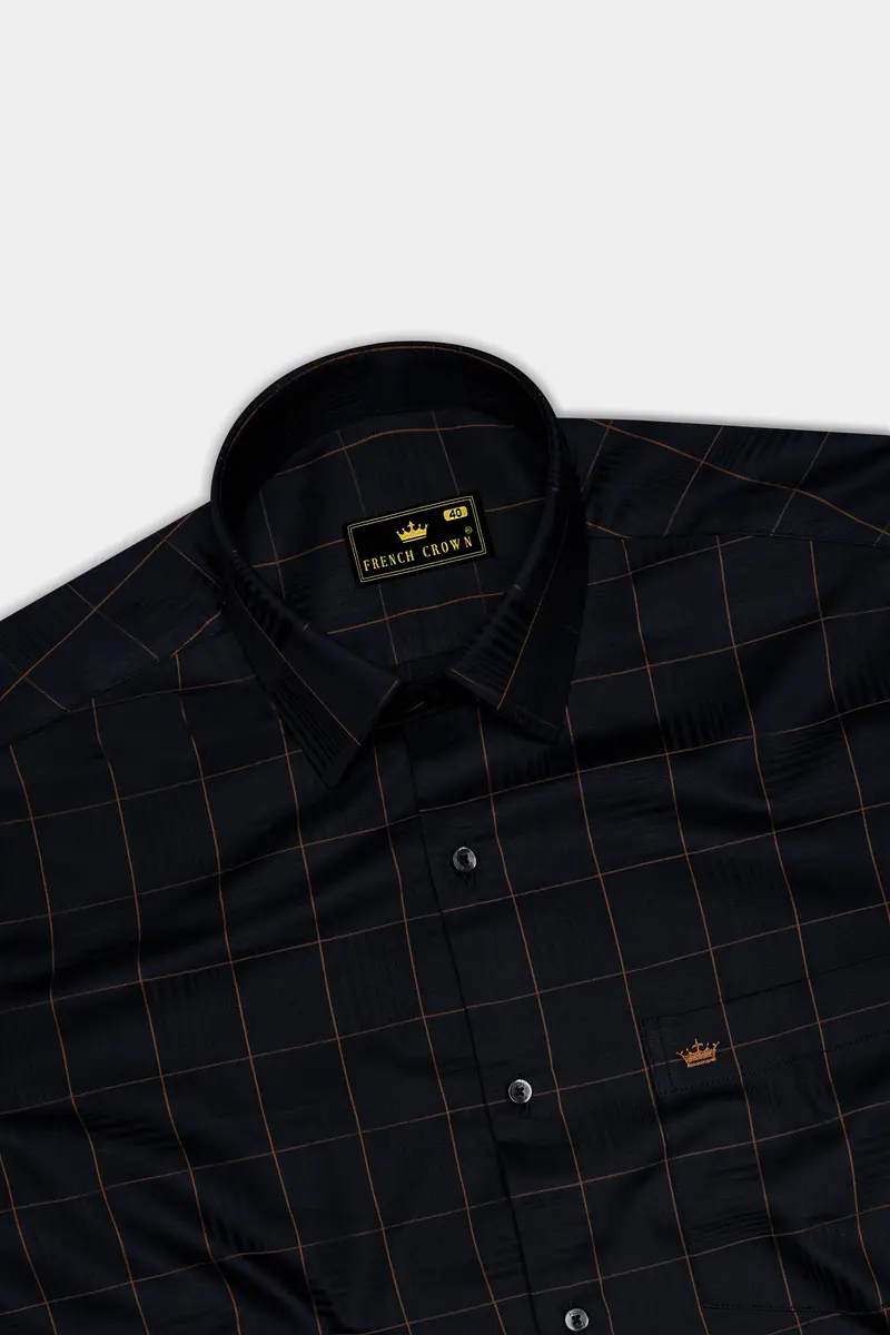 Aurenzo-Jade Black And Earth Orange Windowpane Jacquard Textured Premium Cotton Dress Shirt 5