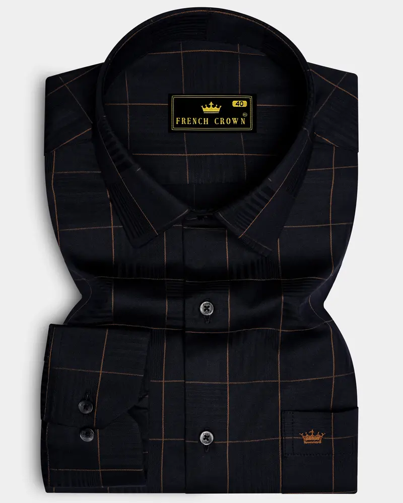 Aurenzo-Jade Black And Earth Orange Windowpane Jacquard Textured Premium Cotton Dress Shirt 6