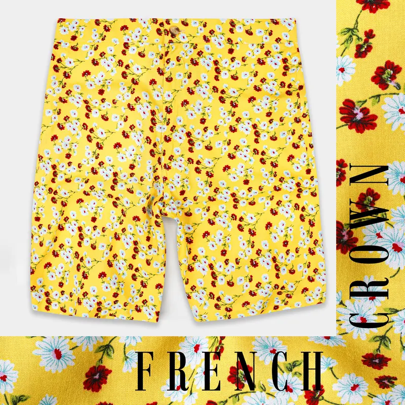 Aureolin Yellow With Crimson Red Multicolor Floral Printed Premium Cotton Short 1