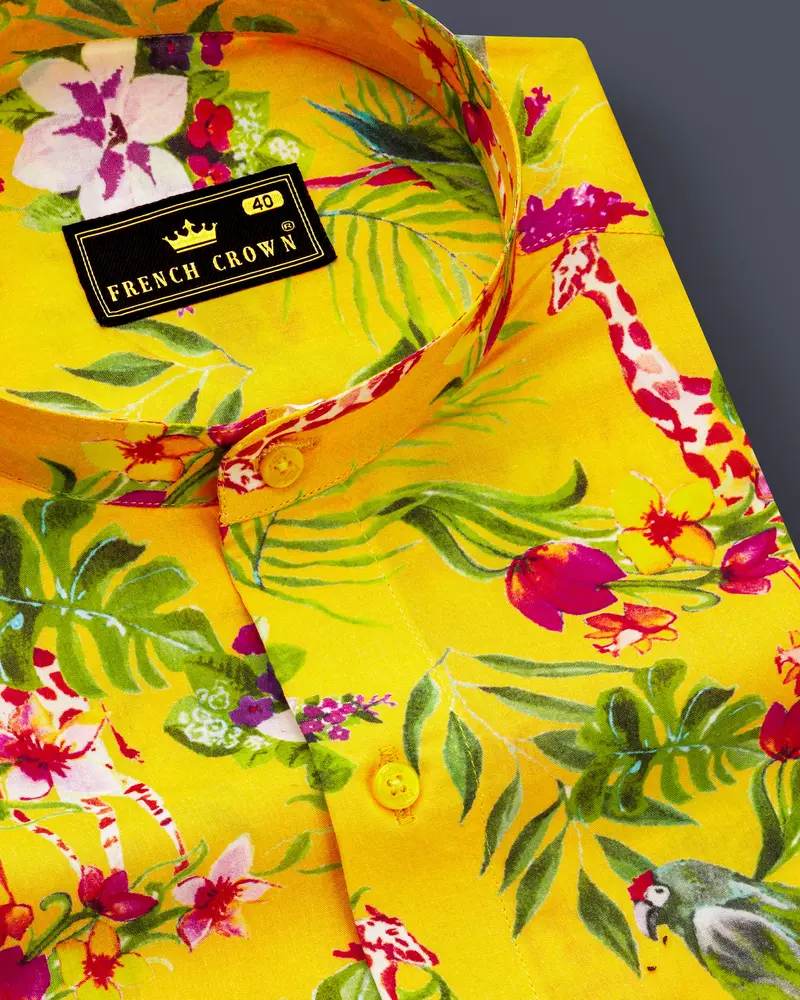 Aurevia-Supernova Yellow And Mustard Green Floral Printed Light Weight Premium Giza Cotton Casual Shirt 1