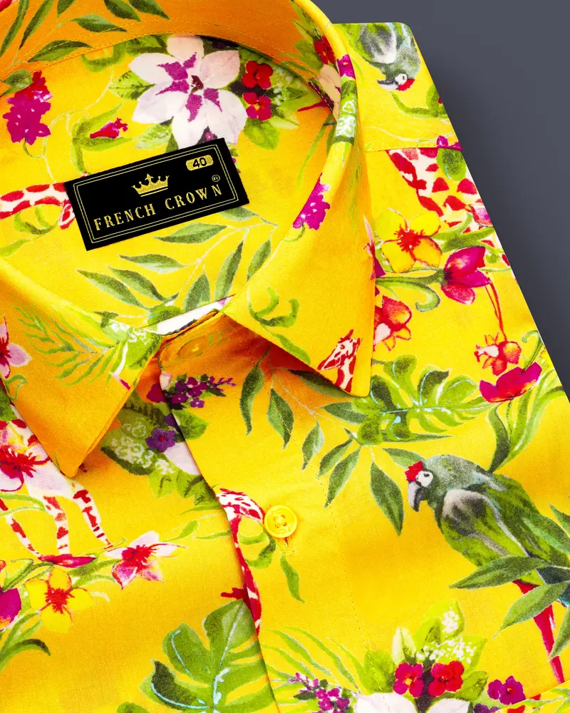 Aurevia-Supernova Yellow And Mustard Green Floral Printed Light Weight Premium Giza Cotton Casual Shirt 1