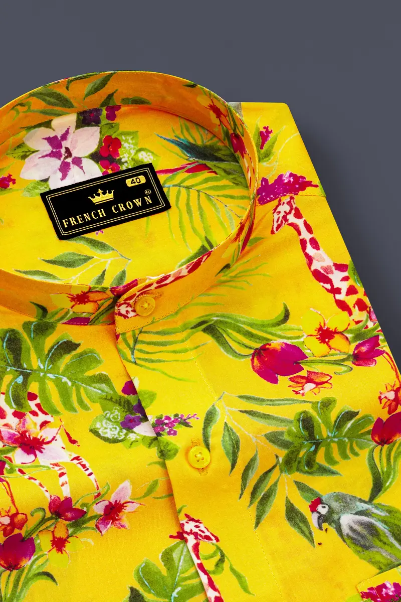 Aurevia-Supernova Yellow And Mustard Green Floral Printed Light Weight Premium Giza Cotton Casual Shirt 2