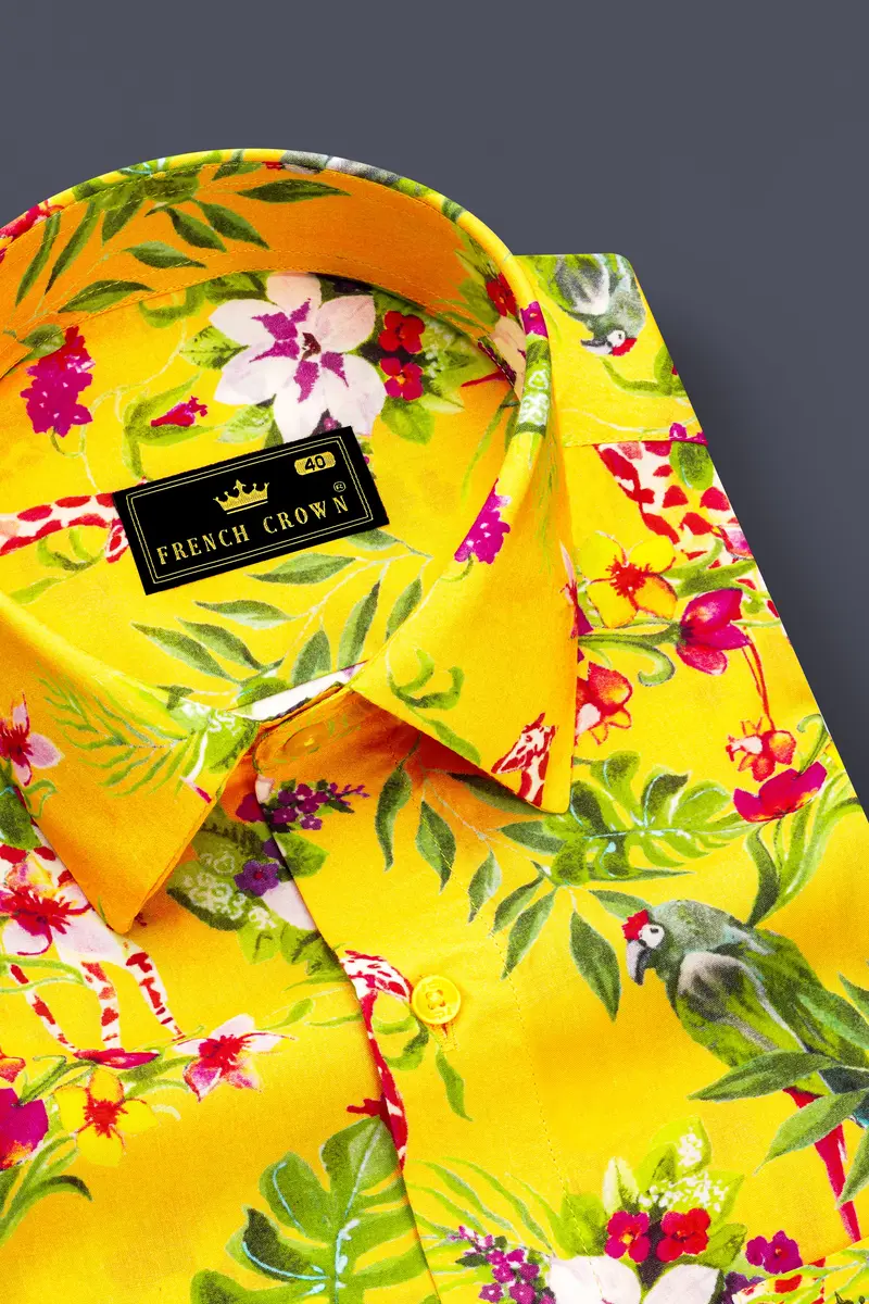 Aurevia-Supernova Yellow And Mustard Green Floral Printed Light Weight Premium Giza Cotton Casual Shirt 2