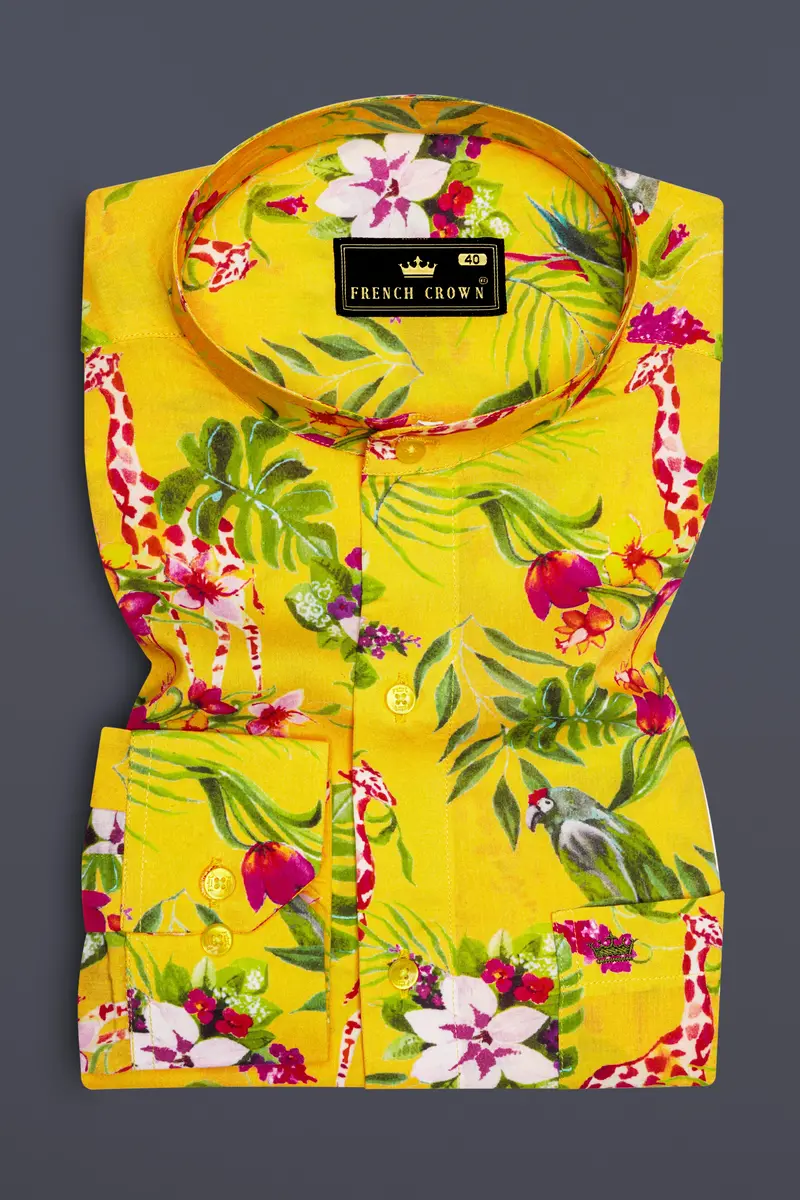 Aurevia-Supernova Yellow And Mustard Green Floral Printed Light Weight Premium Giza Cotton Casual Shirt 4