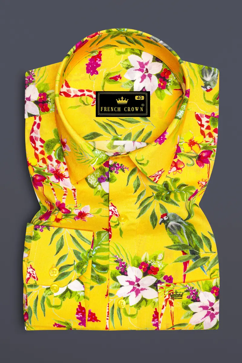 Aurevia-Supernova Yellow And Mustard Green Floral Printed Light Weight Premium Giza Cotton Casual Shirt 4