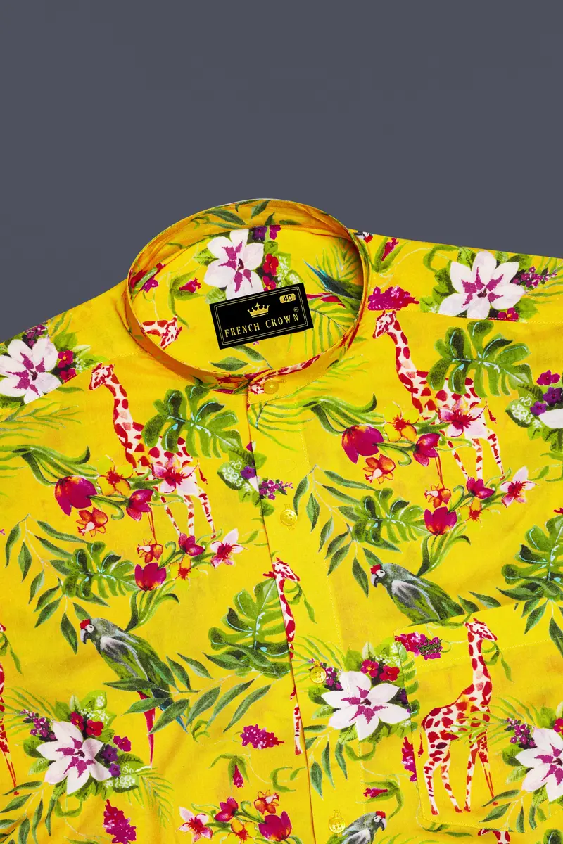 Aurevia-Supernova Yellow And Mustard Green Floral Printed Light Weight Premium Giza Cotton Casual Shirt 5