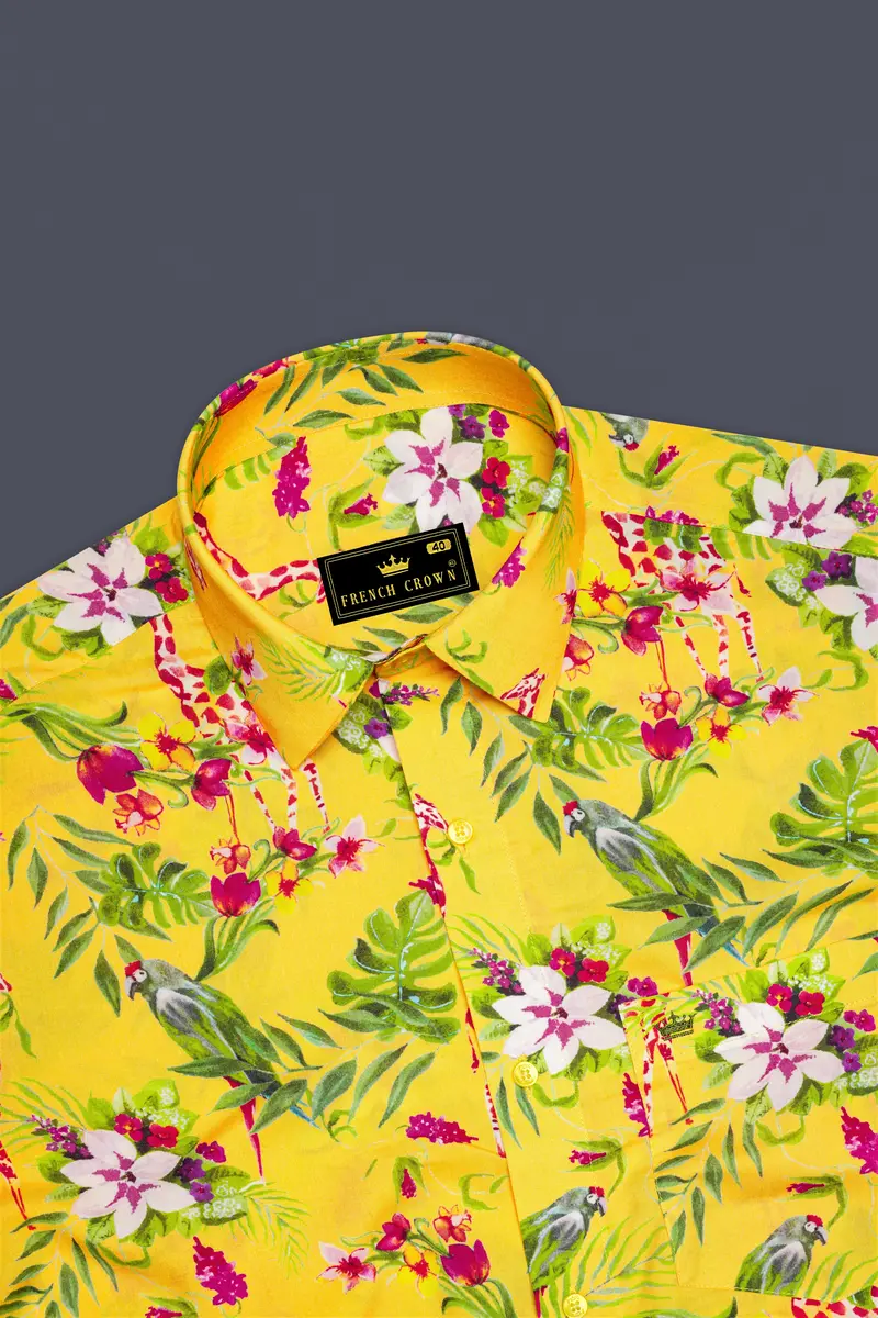 Aurevia-Supernova Yellow And Mustard Green Floral Printed Light Weight Premium Giza Cotton Casual Shirt 5