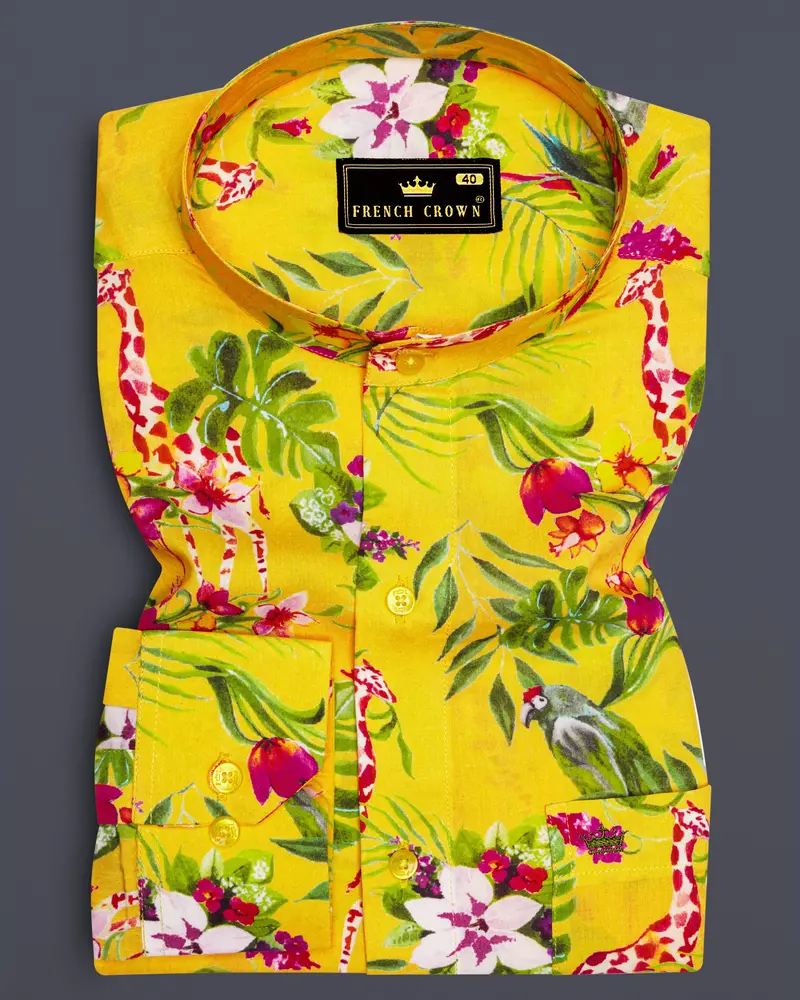 Aurevia-Supernova Yellow And Mustard Green Floral Printed Light Weight Premium Giza Cotton Casual Shirt 6