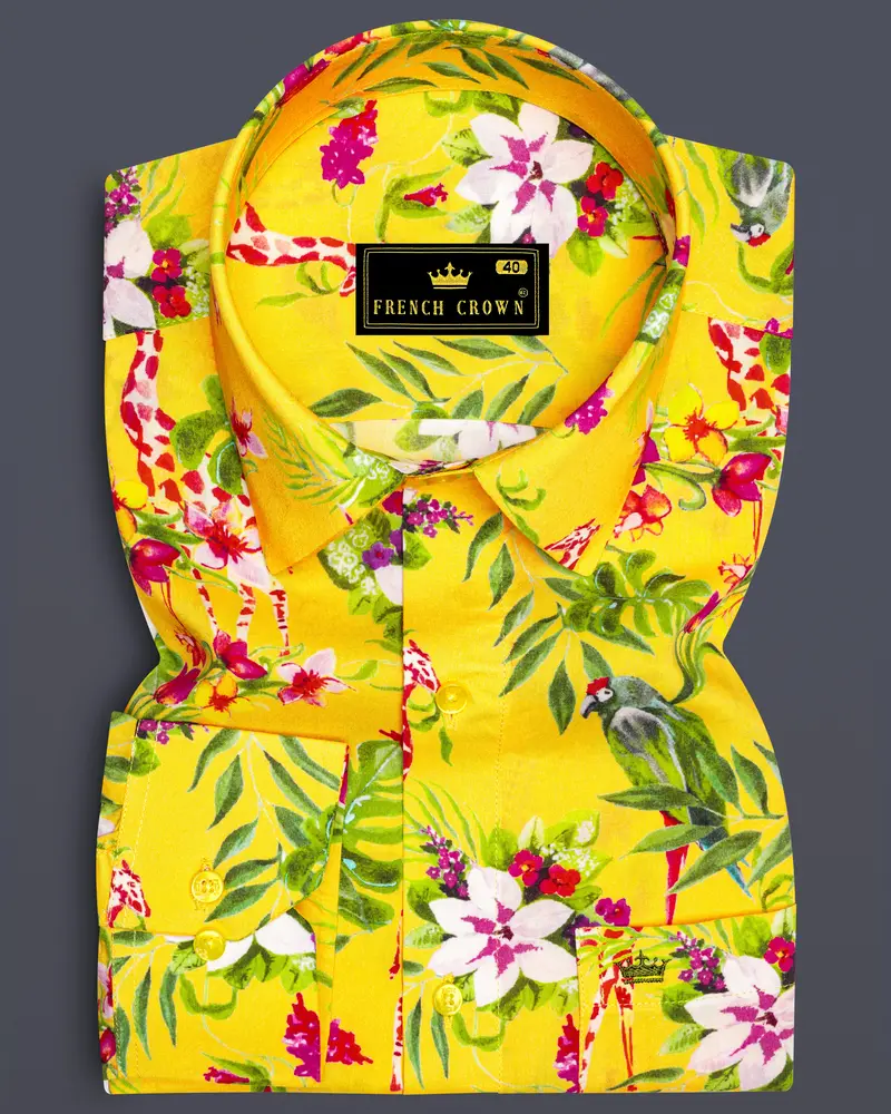 Aurevia-Supernova Yellow And Mustard Green Floral Printed Light Weight Premium Giza Cotton Casual Shirt 6