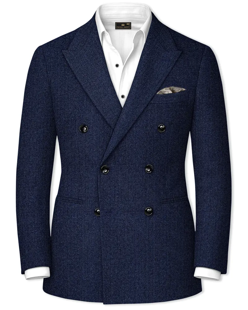 Aurevu-Vulcan Blue Herringbone Textured Tweed Double Breasted Blazer 1