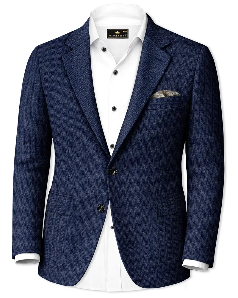 Aurevu-Vulcan Blue Herringbone Textured Tweed Single Breasted Blazers 1