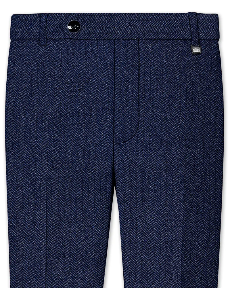 Aurevu-Vulcan Blue Herringbone Textured Tweed Stretchable Waistband Pant 1