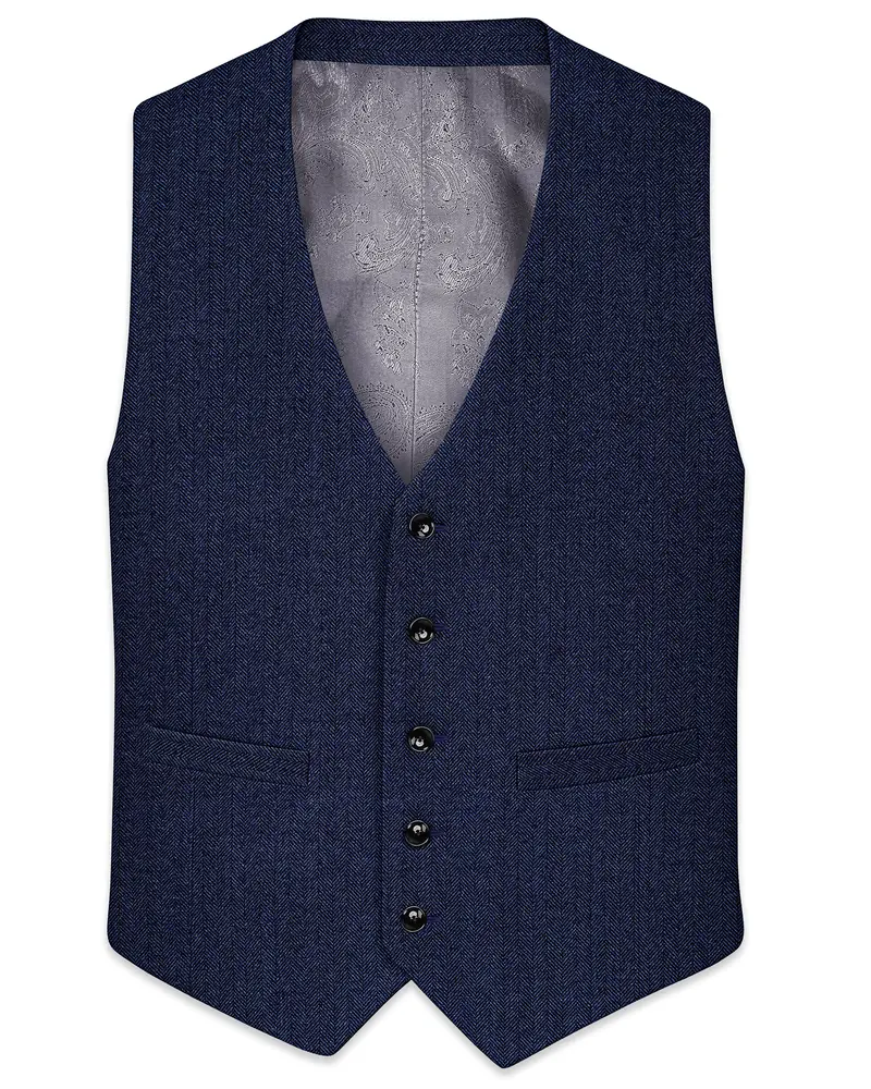 Aurevu-Vulcan Blue Herringbone Textured Tweed Waistcoat 1