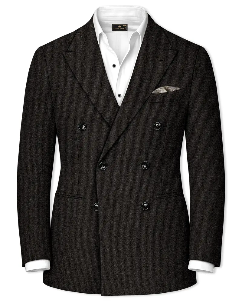 Aurezeus-Zeus Brown Textured Tweed Double Breasted Blazer 1