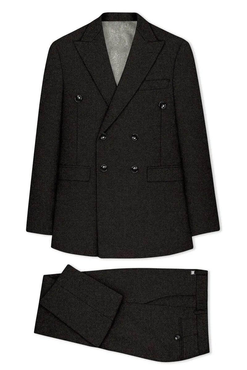 Aurezeus-Zeus Brown Textured Tweed Double Breasted Suit 11