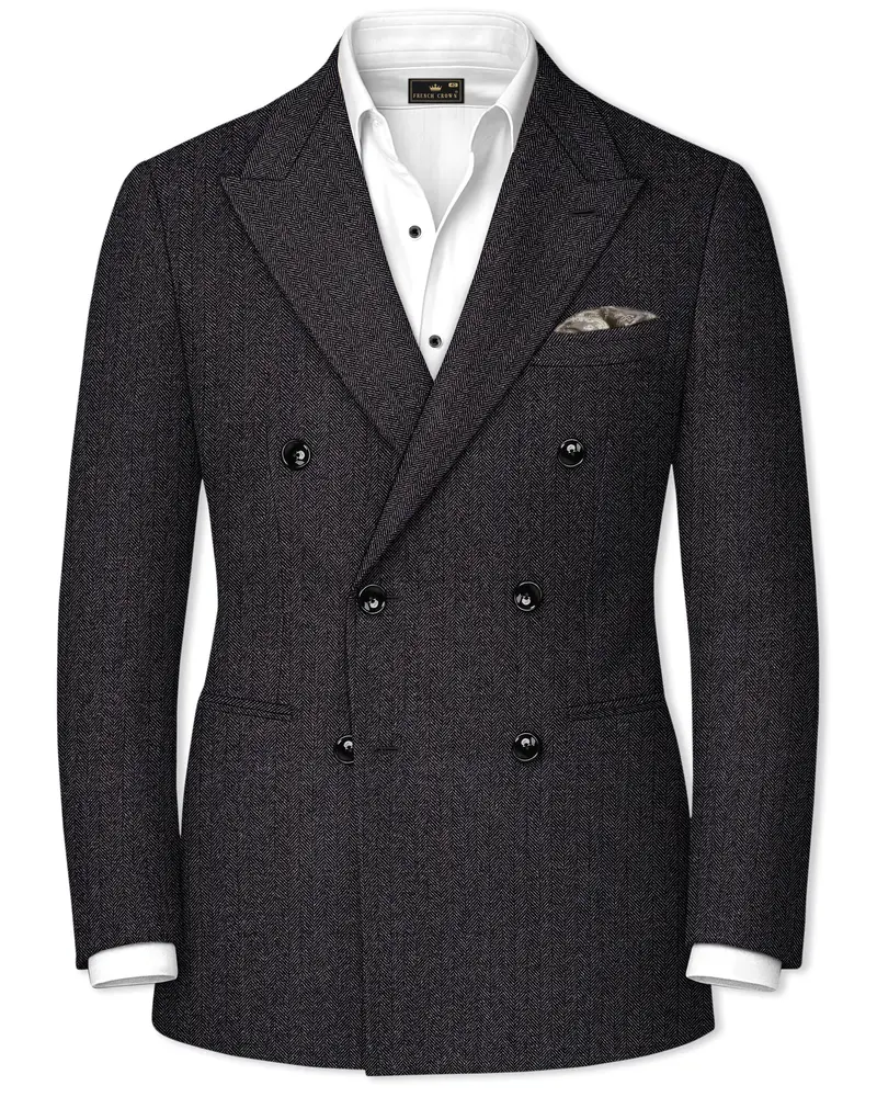 Aurezion-Zeus Brown Herringbone Textured Tweed Double Breasted Blazer 1