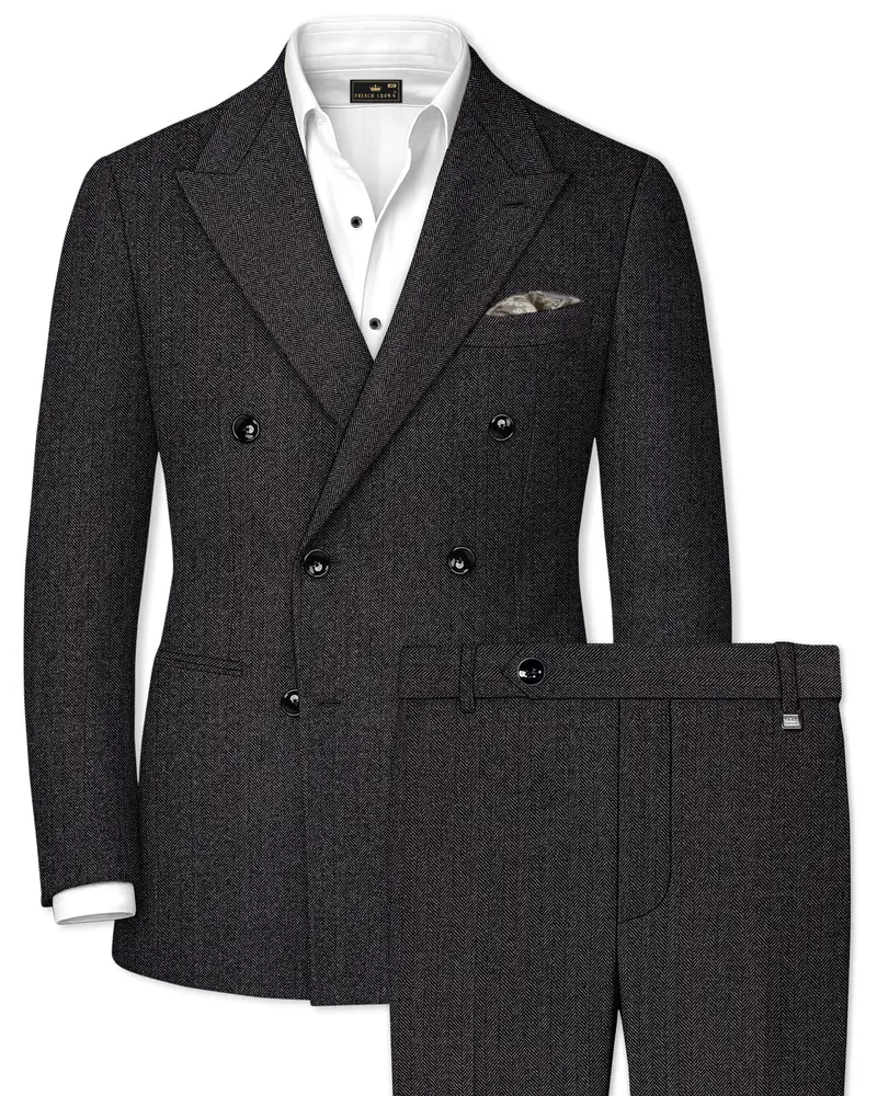 Aurezion-Zeus Brown Herringbone Textured Tweed Double Breasted Suit 1