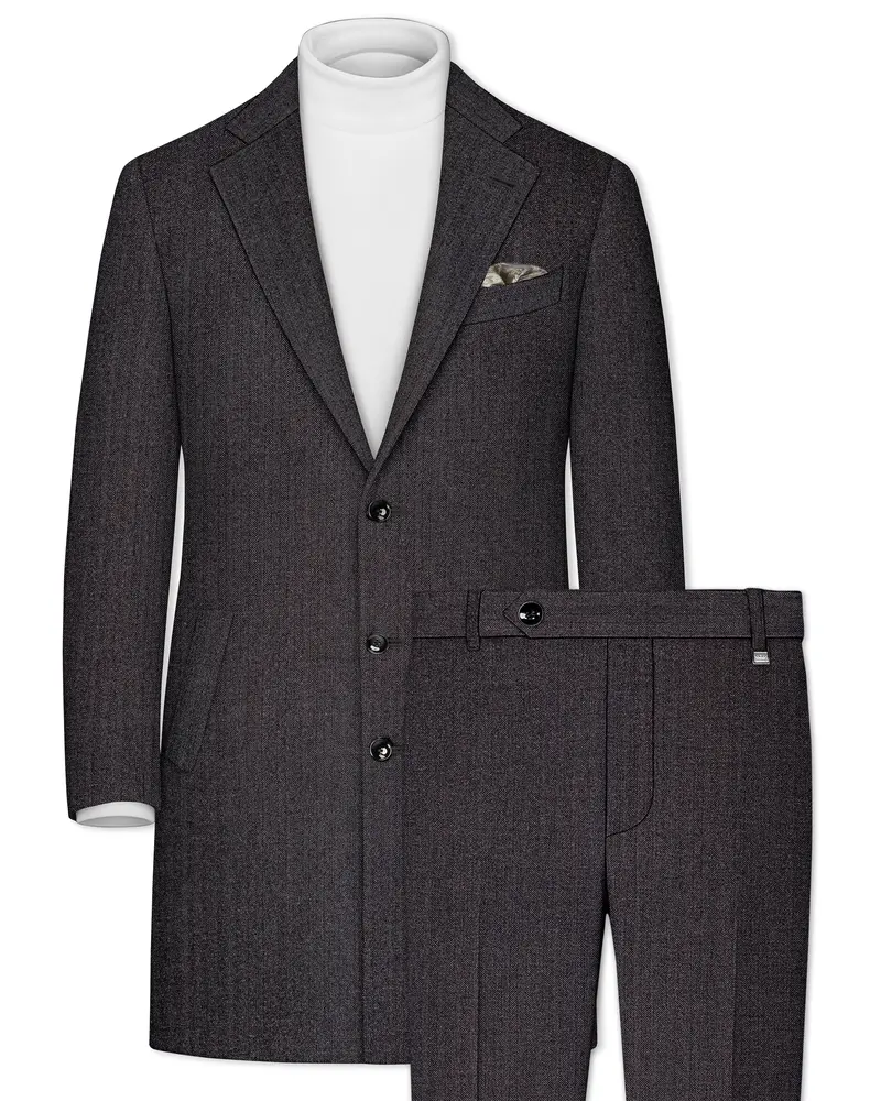Aurezion-Zeus Brown Herringbone Textured Tweed Single Breasted Overcoat With Pant 1