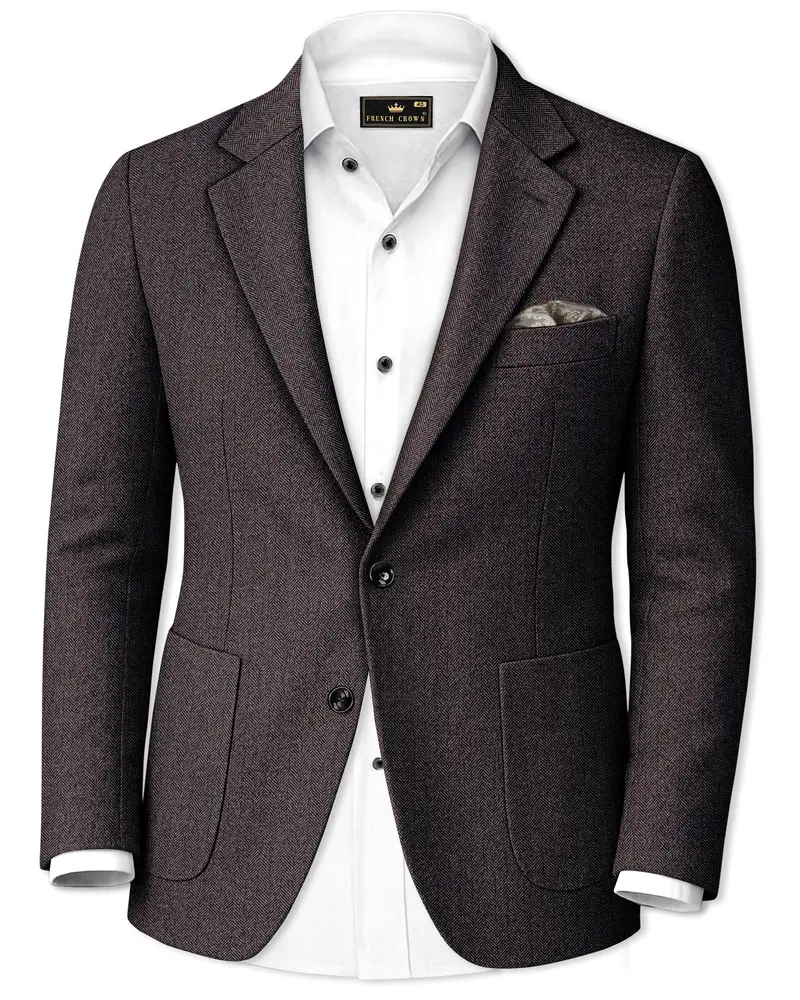 Aurezion-Zeus Brown Herringbone Textured Tweed Single Breasted Sports Blazer 1