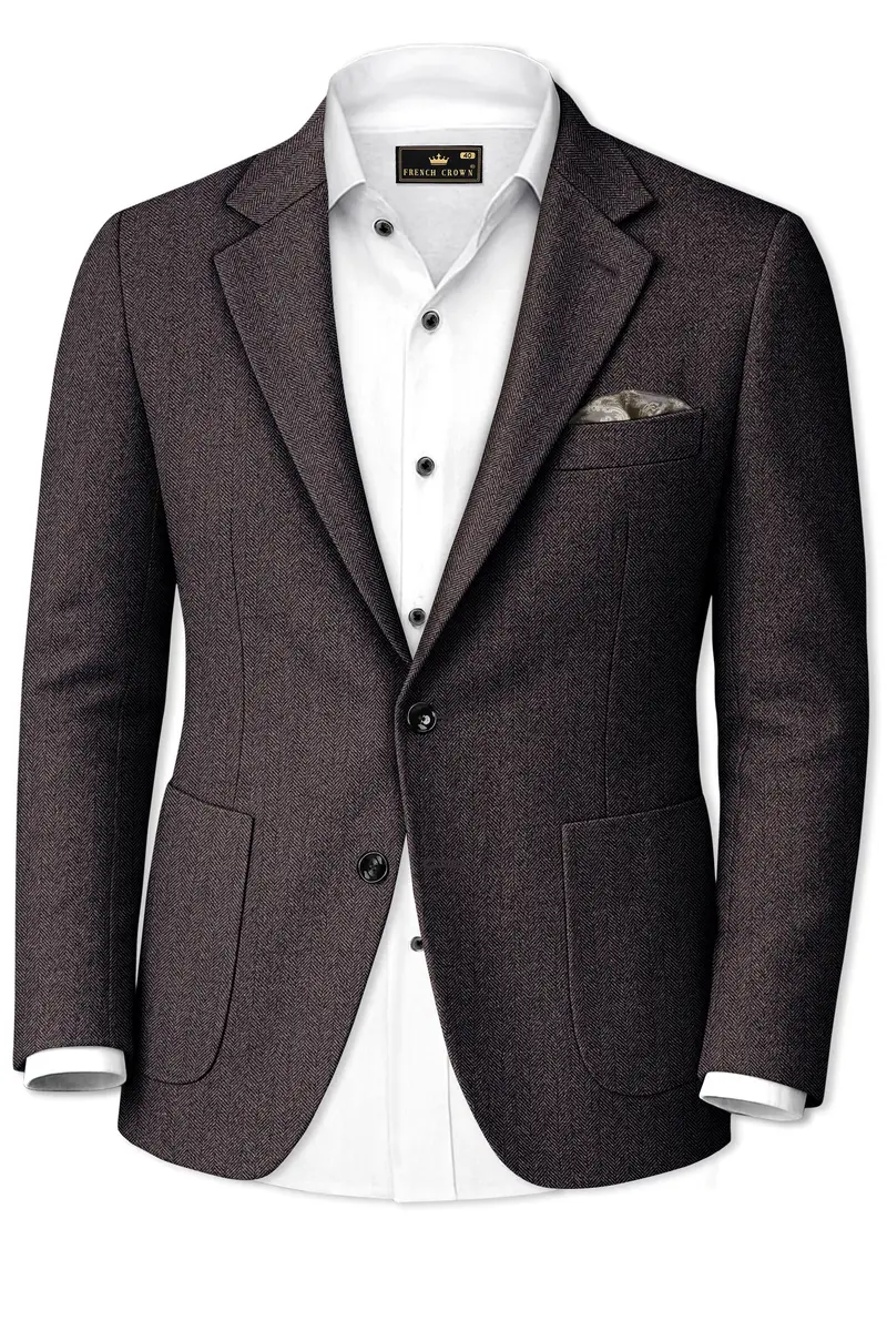 Aurezion-Zeus Brown Herringbone Textured Tweed Single Breasted Sports Blazer 2
