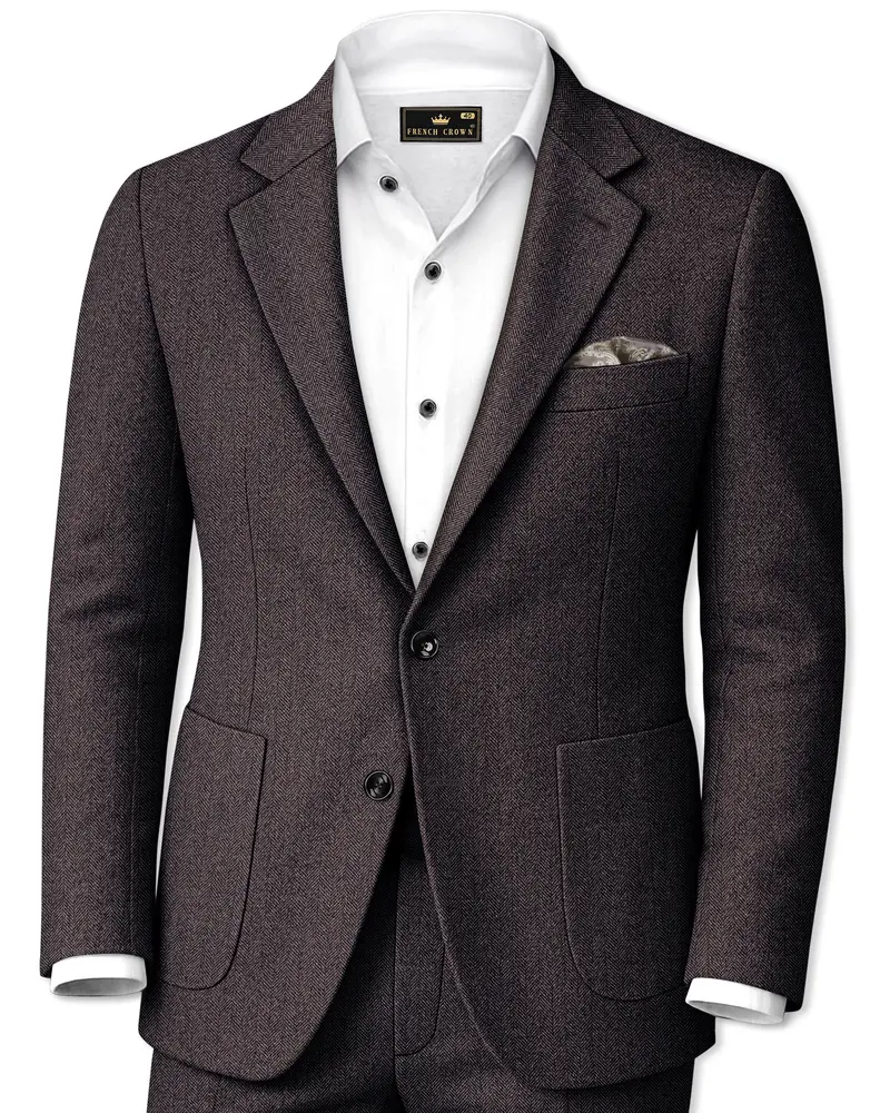 Aurezion-Zeus Brown Herringbone Textured Tweed Single Breasted Sports Suit 1
