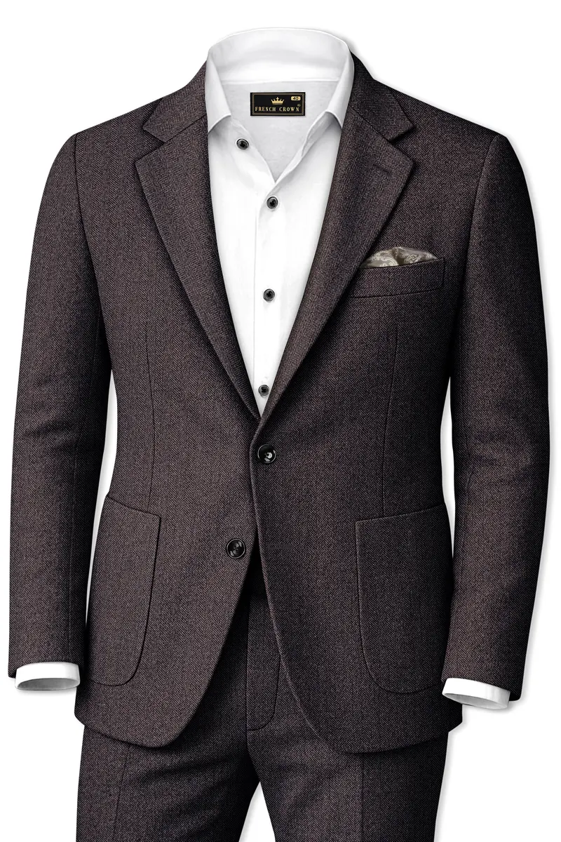 Aurezion-Zeus Brown Herringbone Textured Tweed Single Breasted Sports Suit 2