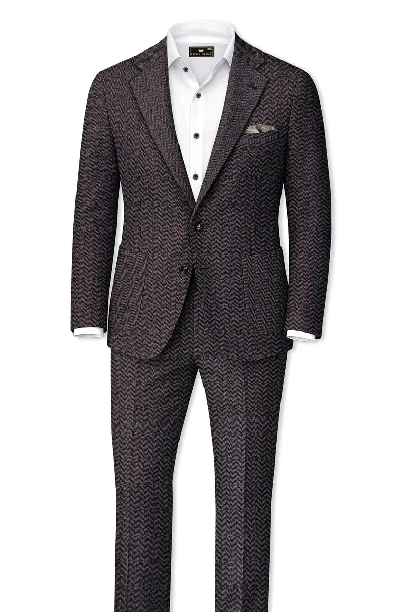 Aurezion-Zeus Brown Herringbone Textured Tweed Single Breasted Sports Suit 4