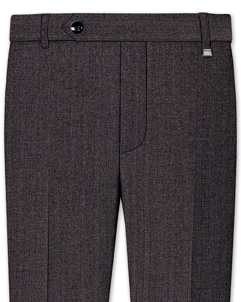 Aurezion-Zeus Brown Herringbone Textured Tweed Stretchable Waistband Pant 1