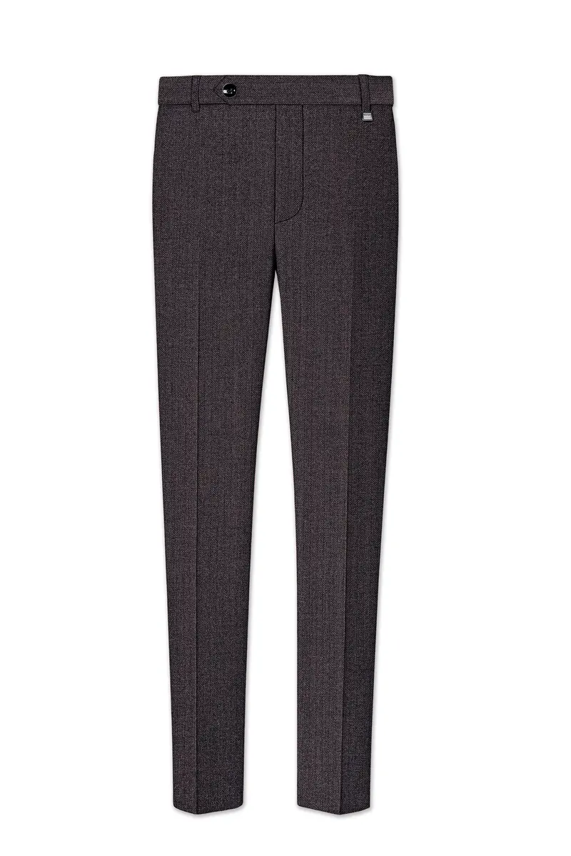Aurezion-Zeus Brown Herringbone Textured Tweed Stretchable Waistband Pant 2